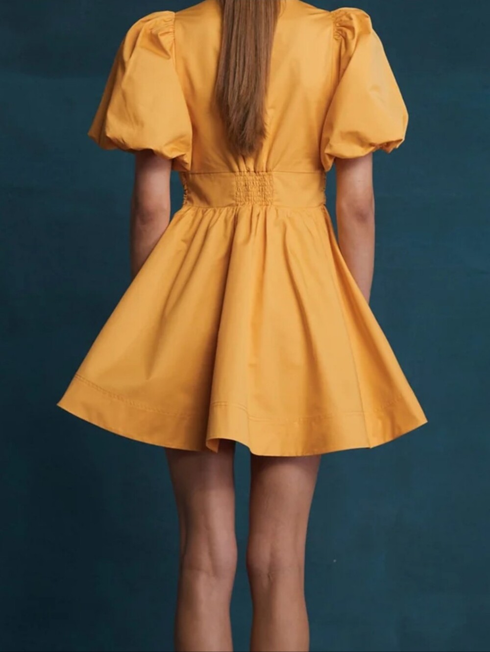 LOVAAN Puff-Sleeve Mini Dress in Mustard Yellow